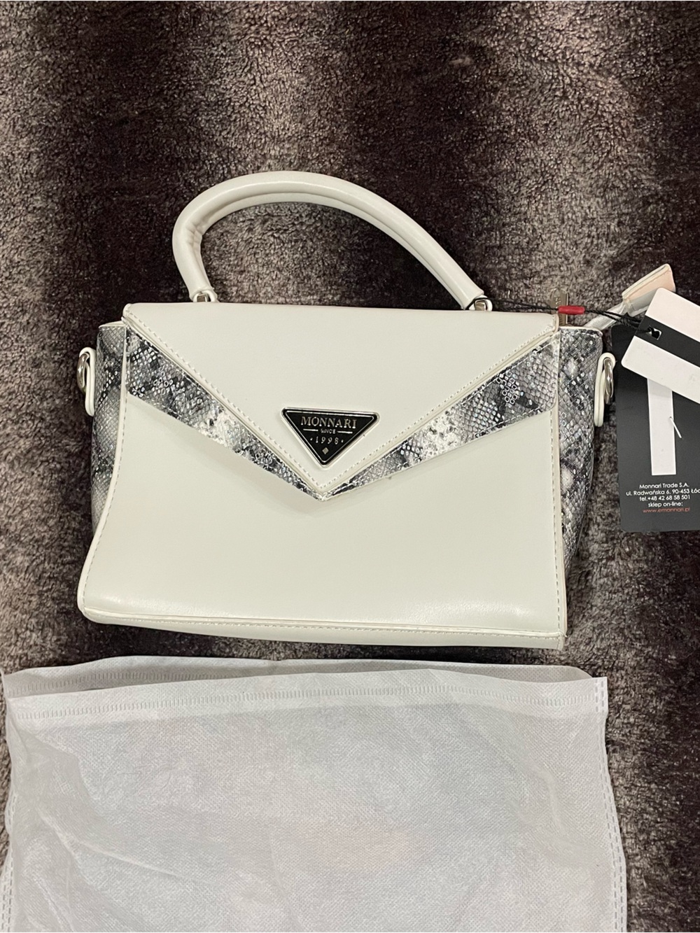 Monari White Satchel with Holographic Snake-Print Trim